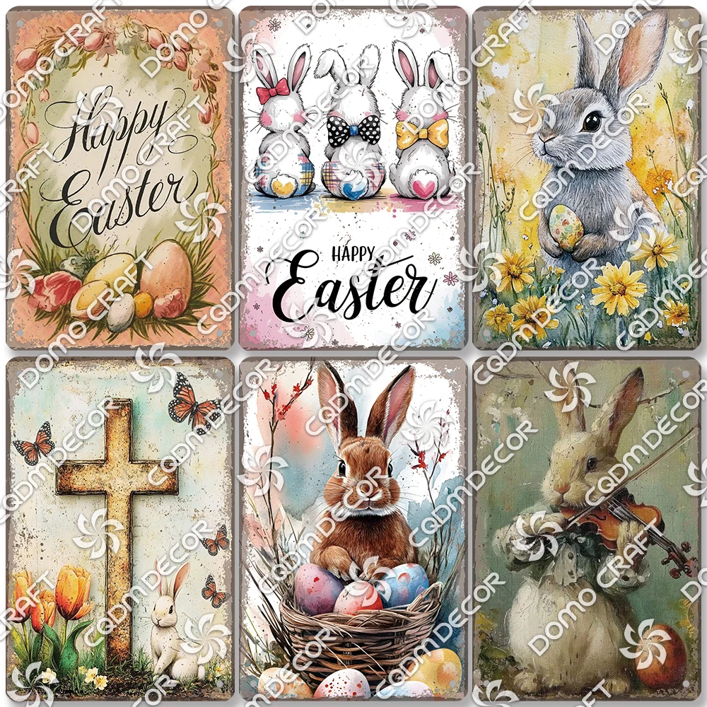 

Happy Easter Plates Tin Signs, Easter Bunny Vintage Metal Poster, Retro Carrot Eggs Rabbit Plaque, Garden Home Wall Decor