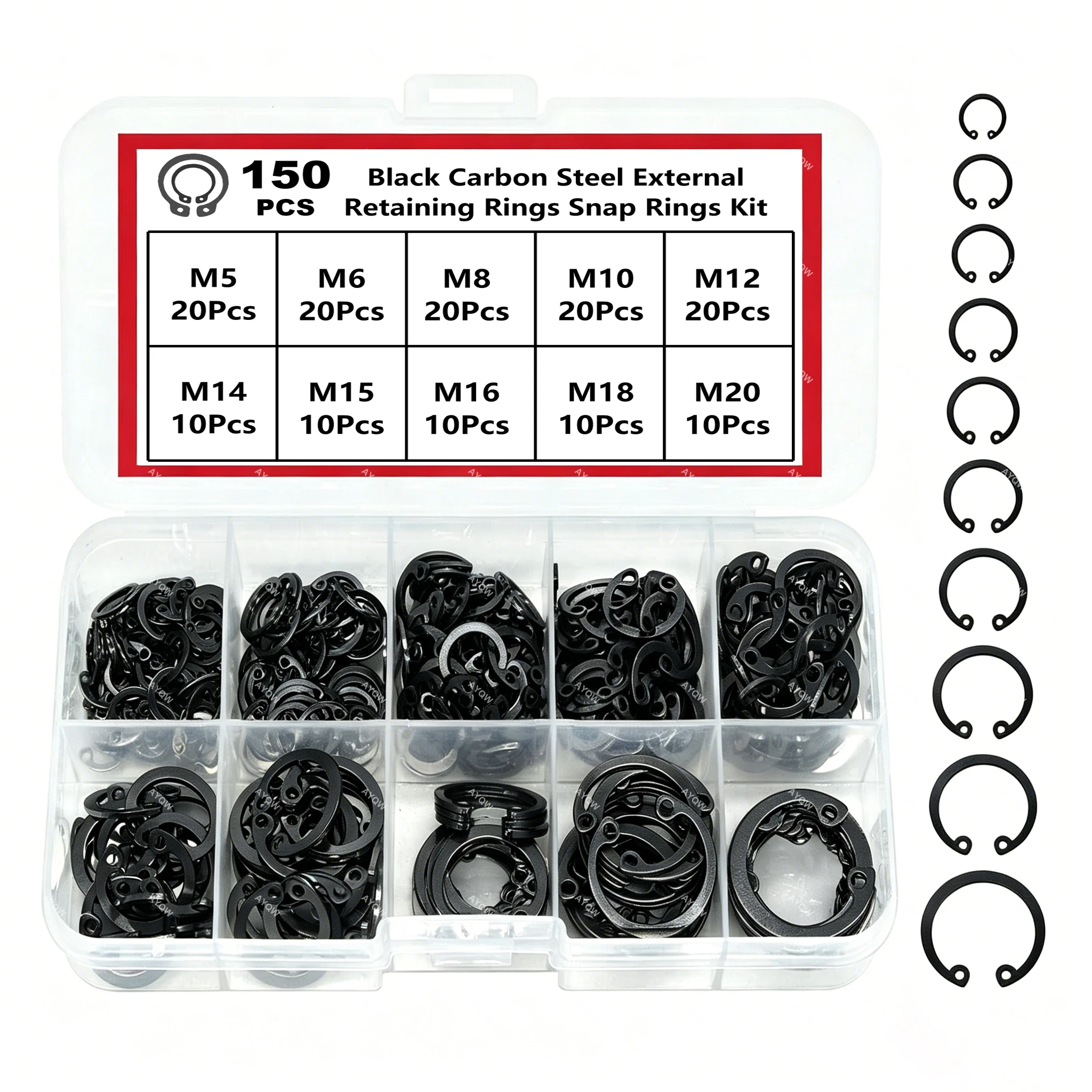 90-150Pcs Black Carbon Steel C-Type Snap Ring Combination Kit, Snap Rings, Internal and External Snap Rings for Shafts and Holes, Circlip, Retaining Ring, Ideal for Mechanical, Automotive, and DIY Repair Projects