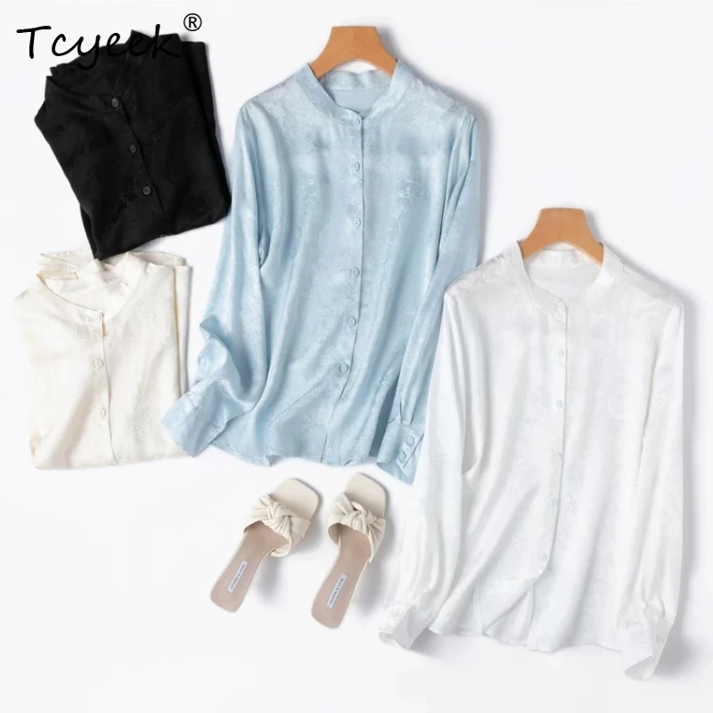 

Tcyeek 100% Real Silk Blouses for Women 2026 Spring Summer Breathable Stand Collar Long Sleeves Shirt Lady Clothes Chemise Femme
