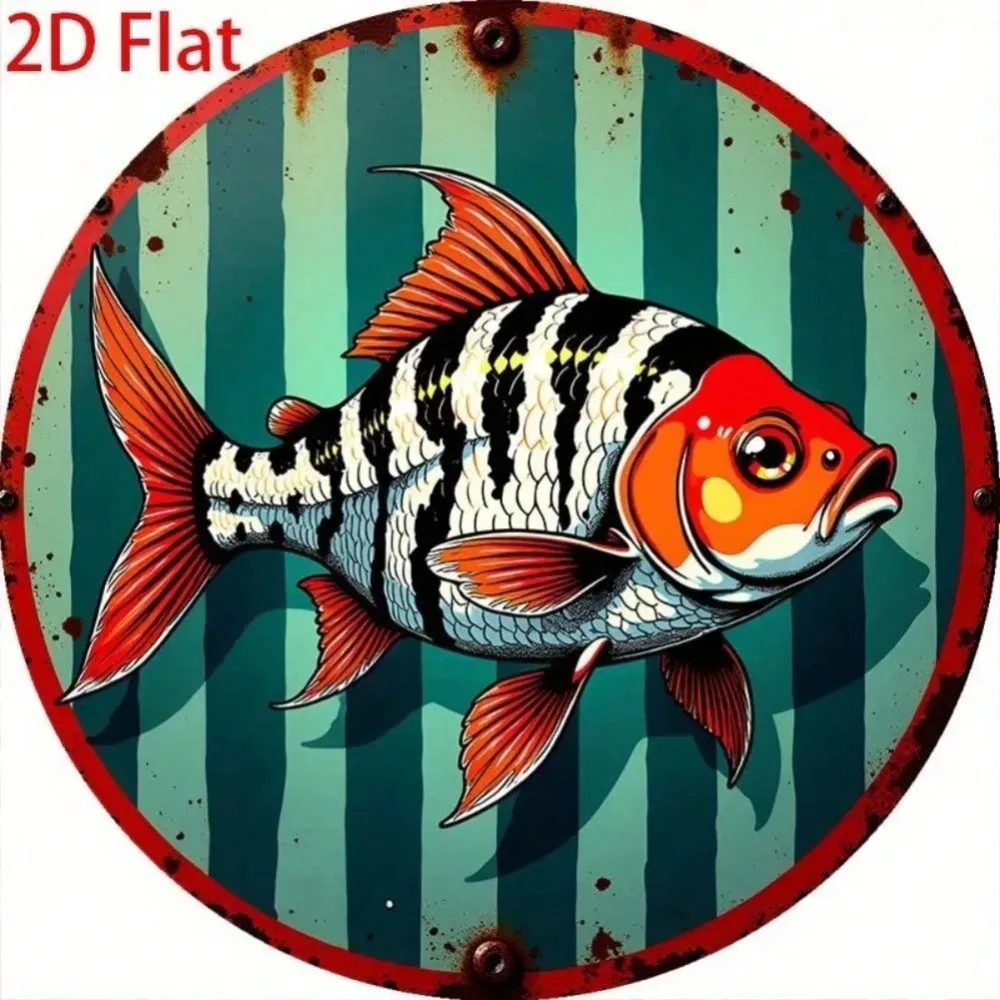 Vintage 2D Flat Fish Decor Green Blue Stripes Black White Trim - Country Cottage Kitchen Garden Café Decorative Ornament