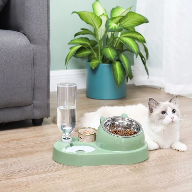 Pet Cat Bowl Automatic Feeder Water Dispenser Cat Bowl Stainless Steel Pet Bowl Feeder Protects Cervical Vertebrae Against