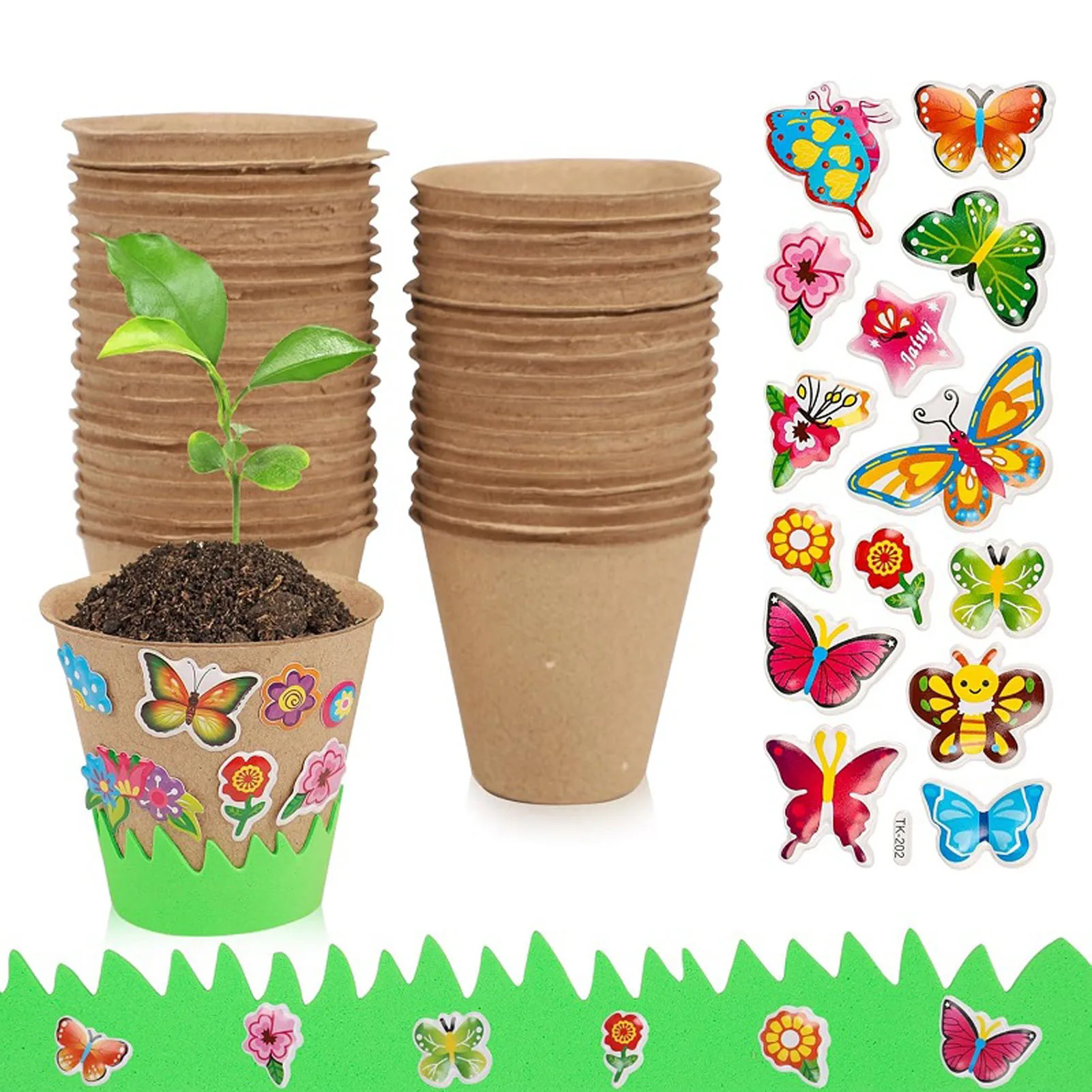 50PCS Garden Pulp Paper Pot DIY with Decorative Stickers Design for Lavender Tomato Watermelon THJ99