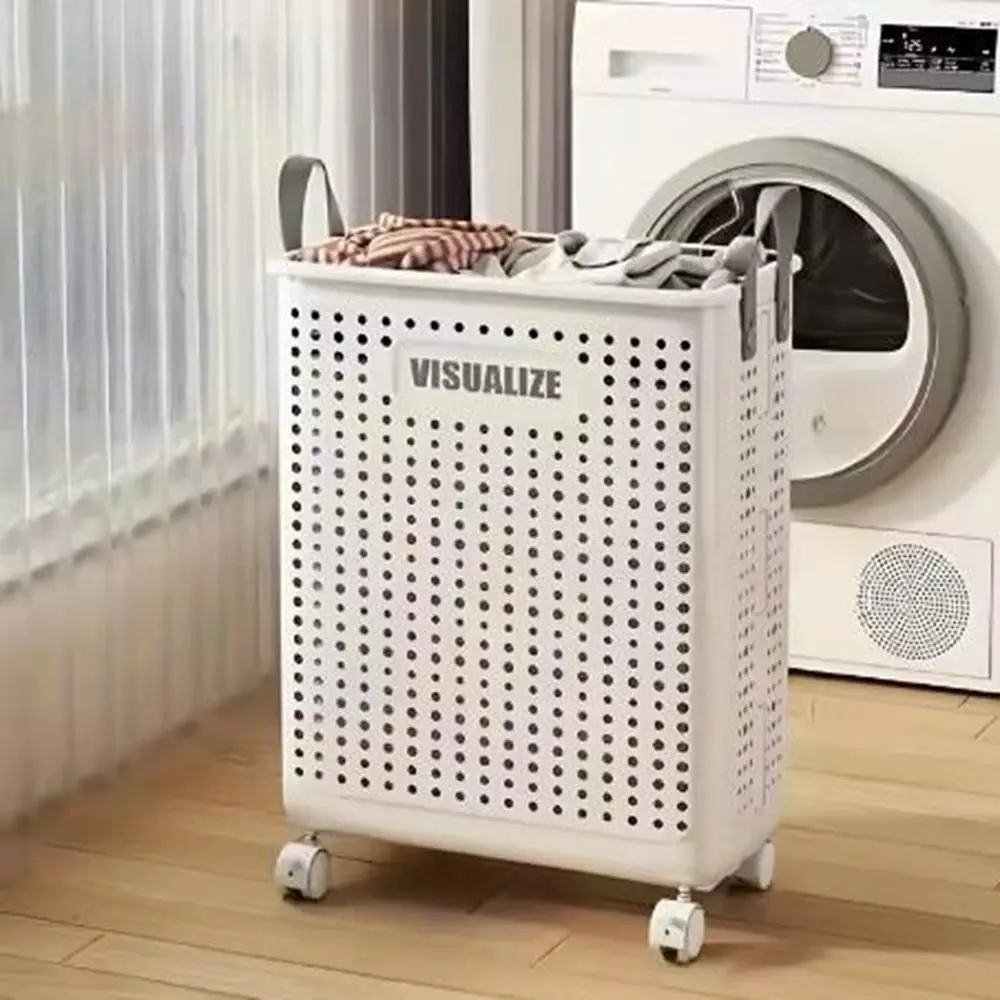 

Plastic Wheeled Folding Laundry Basket Large Capacity Ventilated Narrow Seam Clothes Storage Baskets with Wheels Space Saving