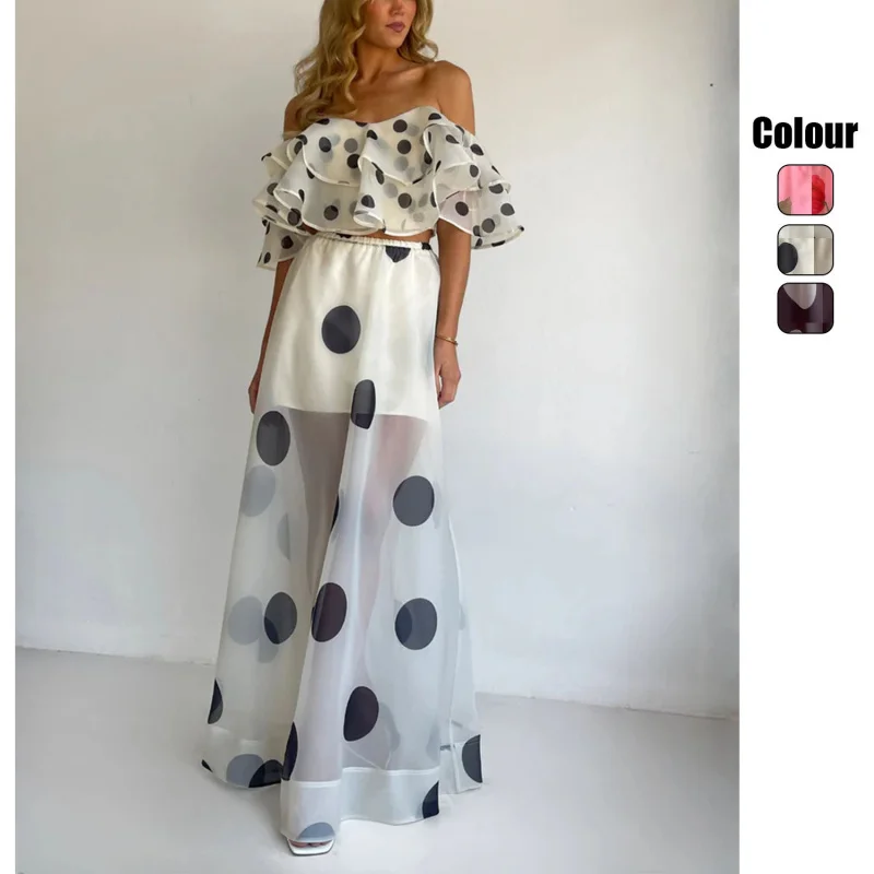 

Bohemian Polka Dot Two Piece Set Women Off Shoulder Ruffle Crop Top And Sheer Maxi Skirt Casual Summer Beachwear Vacation Outfit