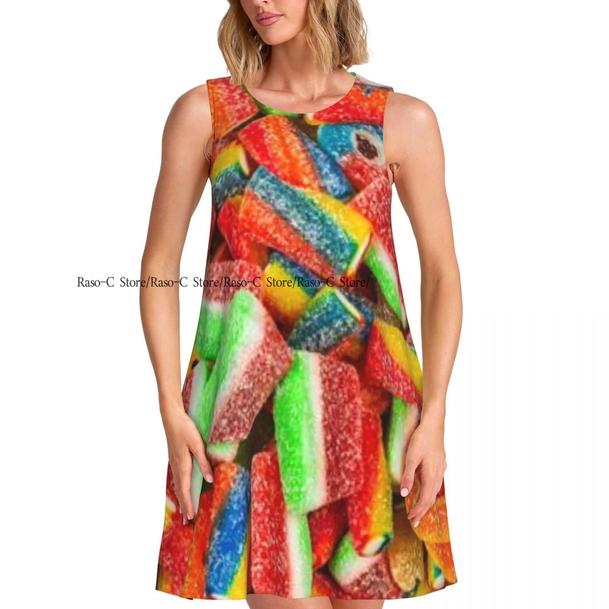 ชุดสตรี Gummy Candies ขนมพื้นหลังฤดูร้อน Casual T เสื้อชายหาด COVER UP Tank Dress