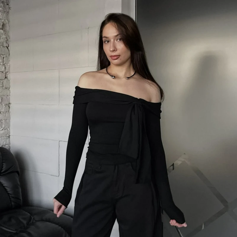 

One-shoulder Tie Bow Long-sleeved Slim T-shirt for Women 2026 Spring New Fashion Sexy Off-the-shoulder Versatile Commuting Top