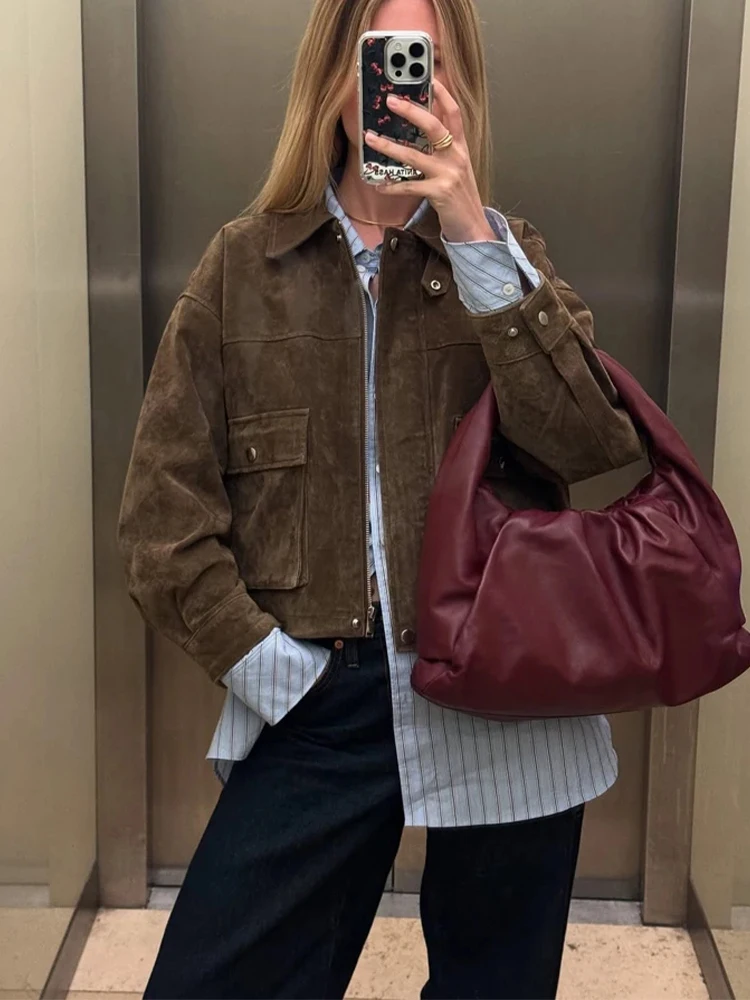 

HH модная женская куртка-бомбер из искусственной кожи 2025, отложной воротник, длинные рукава, карманы, пуговицы, молния, женские осенние куртки