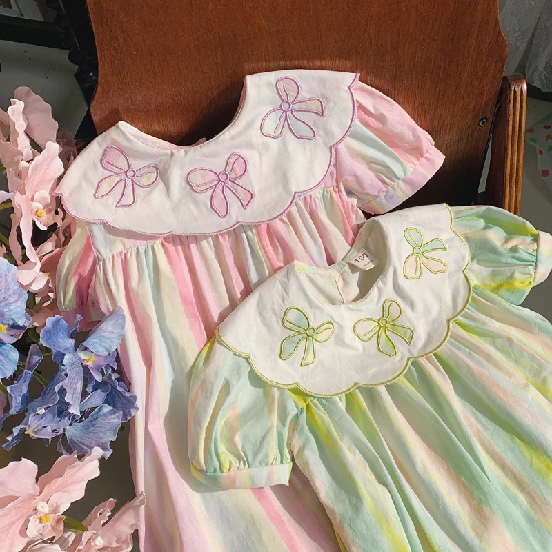 

Baby doll Collar Bow Embroidered Short Sleeve Girl Dress2025Summer Colorful Striped Sweet Princess Dress