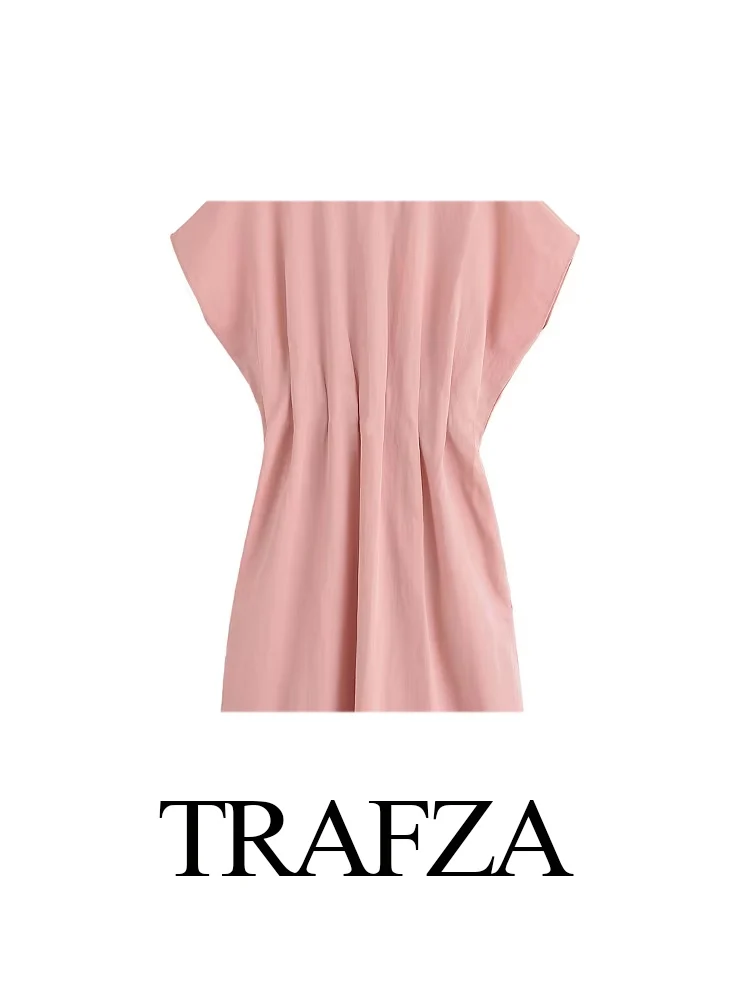 

TRAFZA Women Summer Fashion Solid Crew Neck Pockets Pleated Decoration Short Sleeve Dress Female High Waist Slim Midi Long Dress