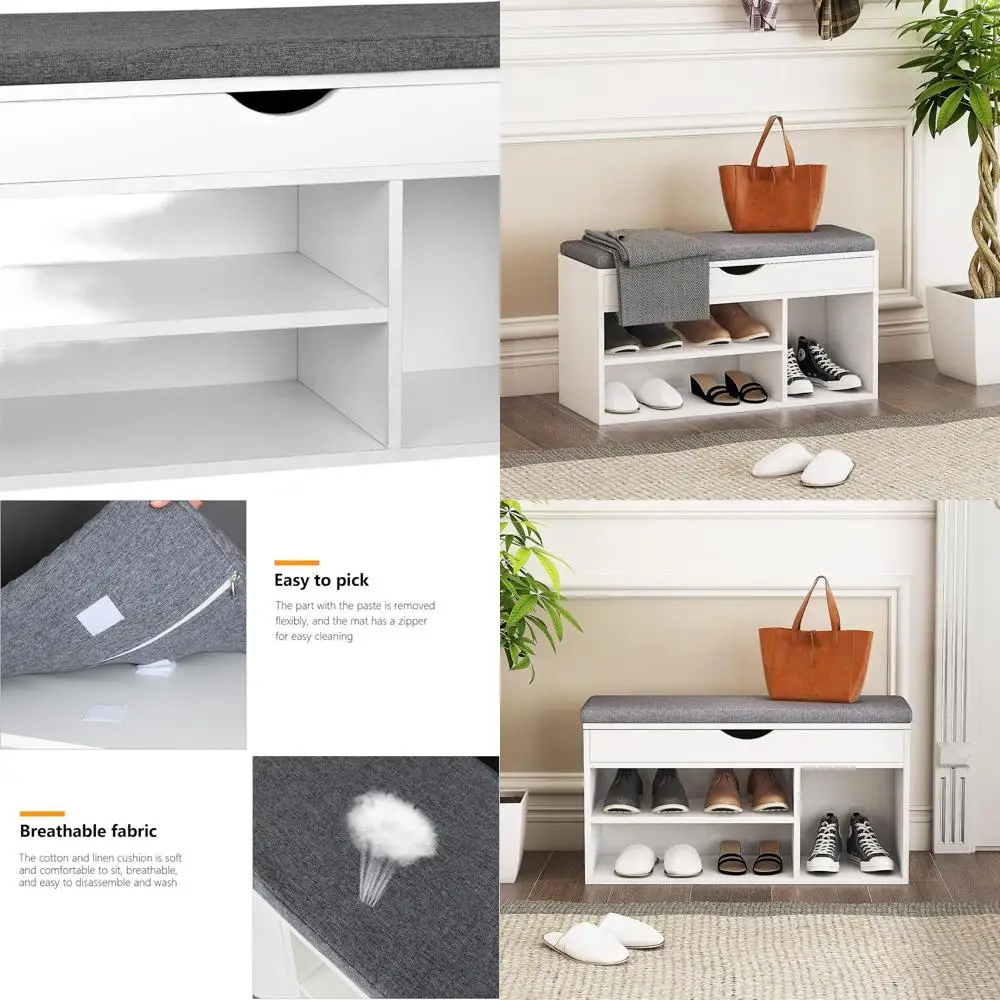 白とグレーの玄関用シューズベンチ、スタイリッシュな靴の整理に最適な収納付き