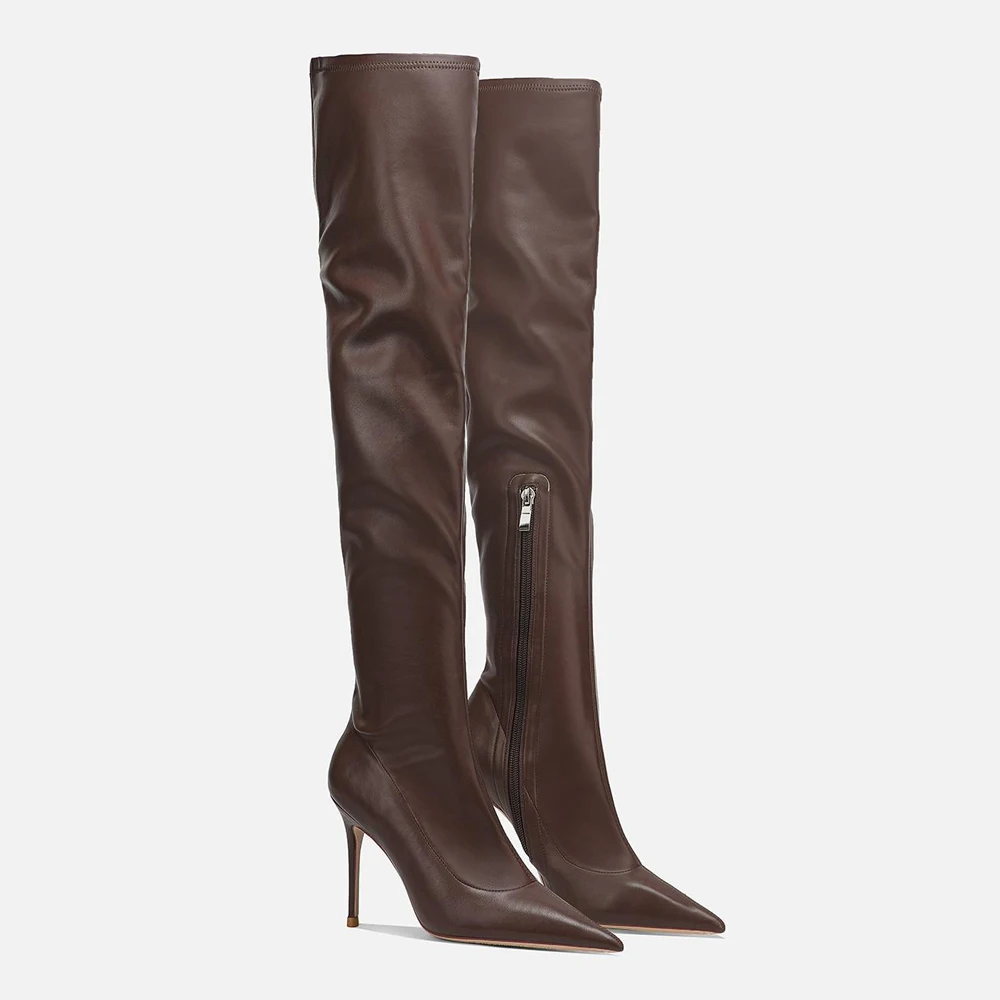 

FWRD Женские коричневые кожаные сапоги выше колена, туфли на шпильке с острым носком, облегающие и удобные для повседневного ношения # FWRD000332