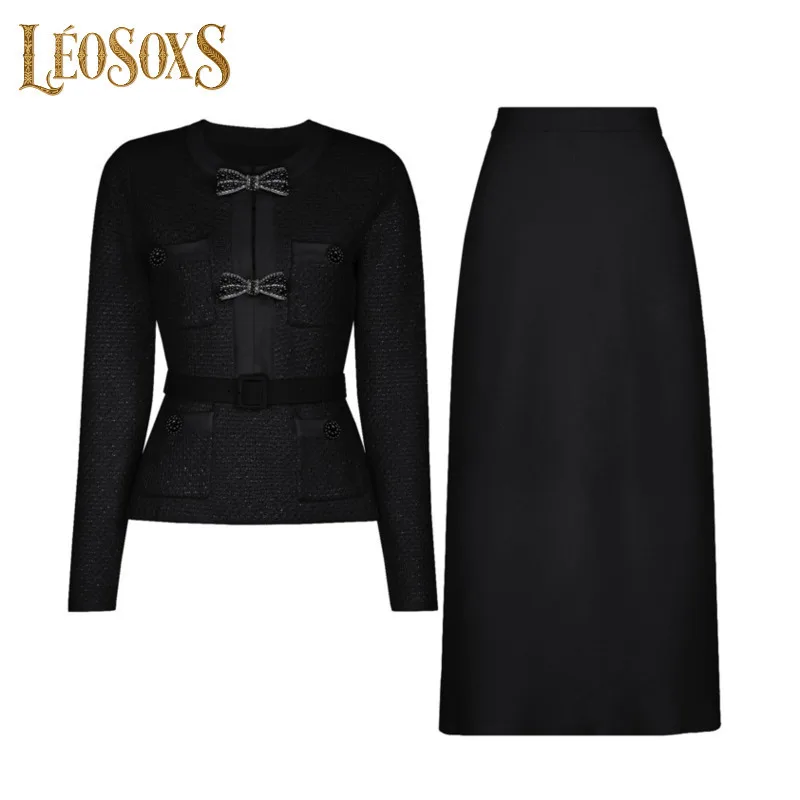 

LEOSOXS Women's Long - Sleeve Tweed Jacket And Midi Skirt Set Bow Detail Belted Waist For Elegant Office Formal Occasions 2025