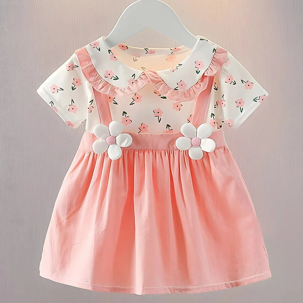 

Summer New Sweet Flower Baby Girl DressES 3D Flower Decoration Short Sleeve Fake Two Piece Children's Dress Cute Baby Clothing