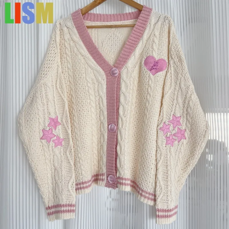 

LISM 2025 Winter Cardigans Jacket with Wisteria Flowers Embroidery Warm Soft Y2k Knitted Sweater Folklore Girl Tops Oversized