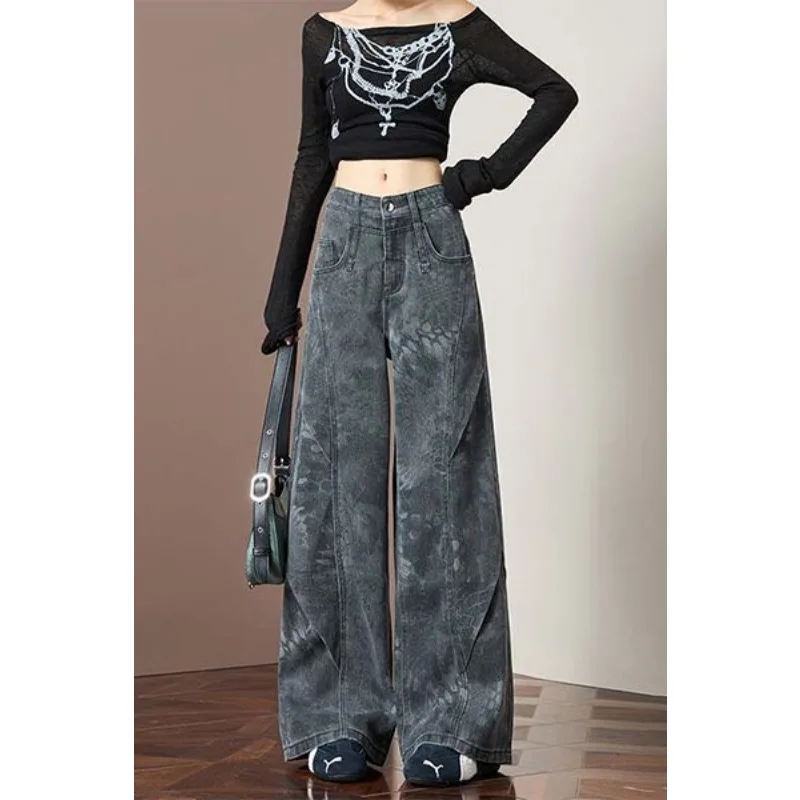 New Women's Black and Gray Printed Tooling Jeans Autumn Winter Retro High-waisted Wide-leg Pants Female Casual Denim Trousers