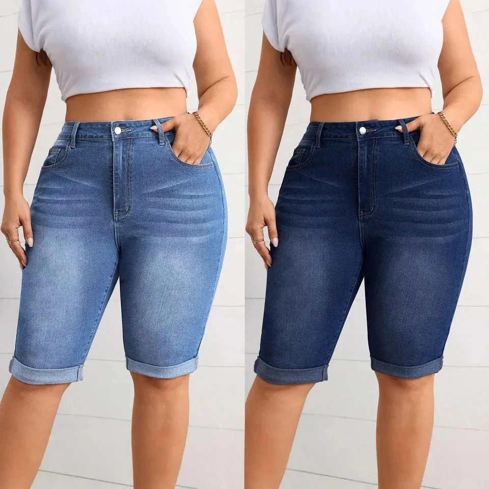 2026 Oversized Denim Cropped Pants Women's Washed Blue Stretch Jeans Streetwear Rolled Edges High Waist Capri Pants 0XL-4XL