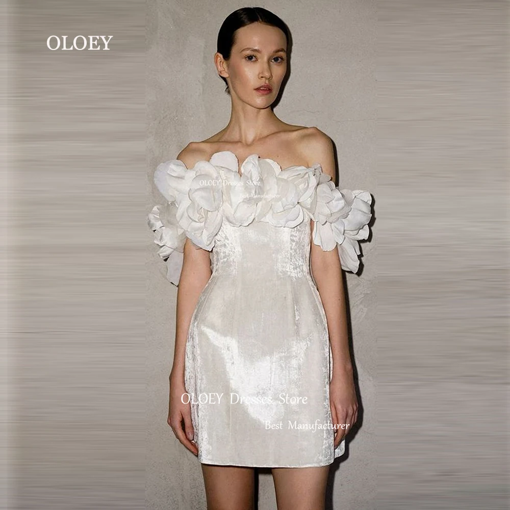 

OLOEY Elegant France White Short Prom Cocktail Dresses Flowers Off Shoulder Women Wedding Dresses Summer Party Dress Silky Satin