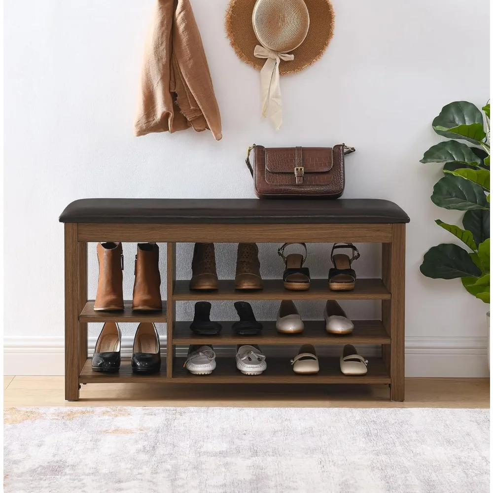Banco de zapatos de altura ajustable: taburete moderno de almacenamiento de entrada de madera de caucho con asiento de cuero PU y compartimento oculto