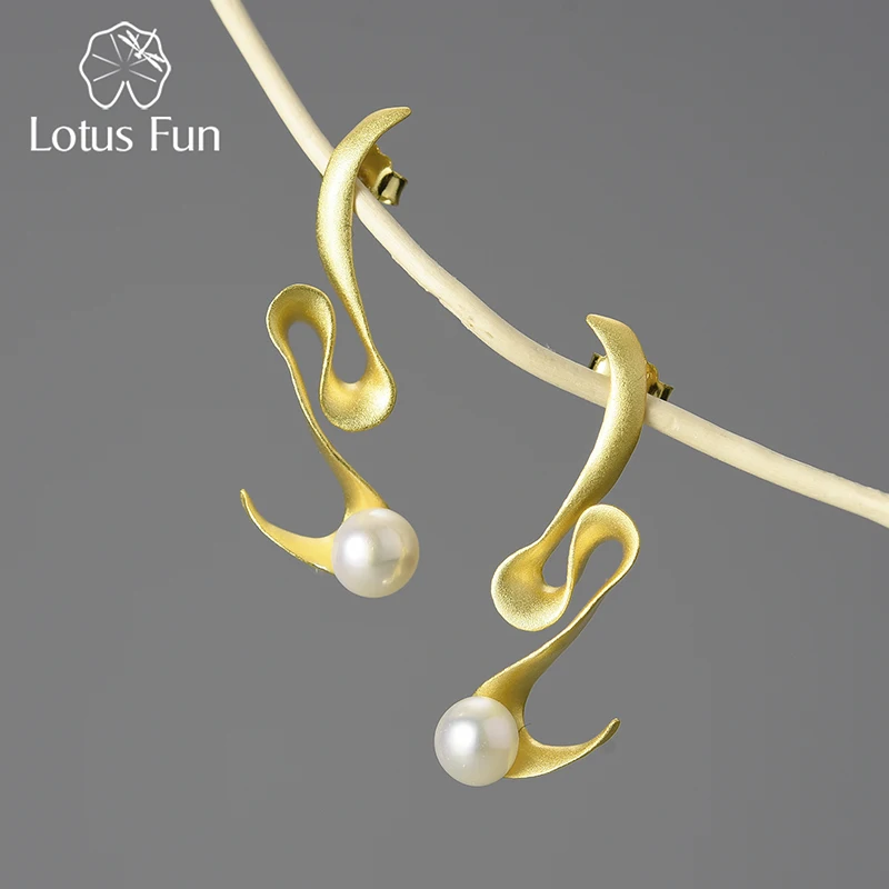 

Lotus Fun 18K Gold Natural Pearl Unusual Minimalism Spiral Curved Stud Earrings for Women Real 925 Sterling Silver Fine Jewelry