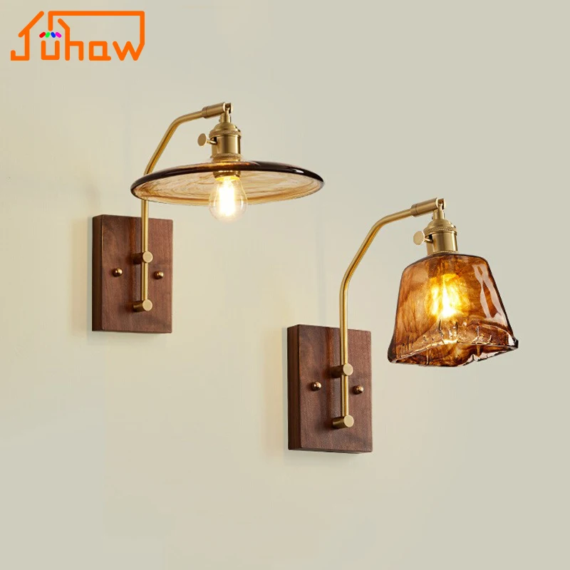 Vintage Brass Walnut Wood Wall Lamp Japanese Wabi-Sabi Style for B&B Entryway Corridor Living Room Study Bedroom Bedside Lightin