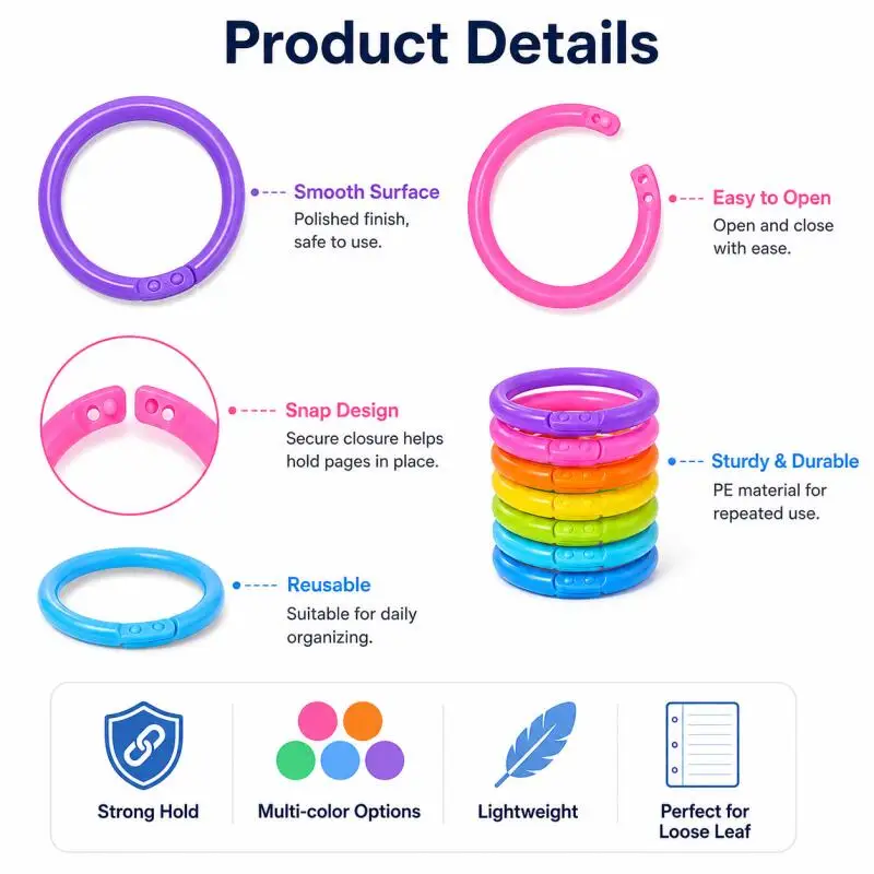 100pcs Colorful Plastic Loose Leaf Rings for DIY Albums, Office Document Binding Supplies view 4