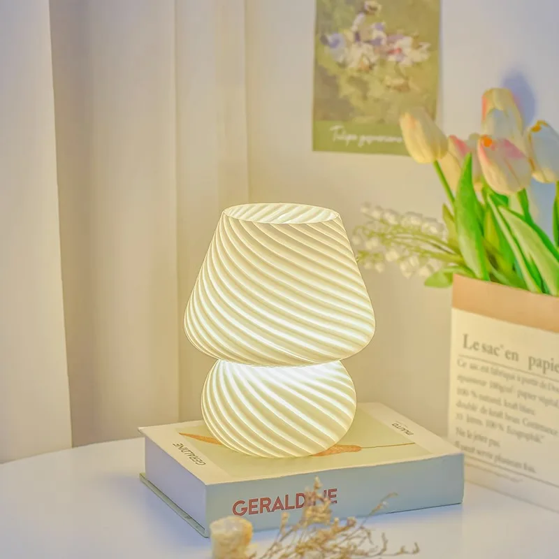 Glass LED Table Lamp For Bedroom Bedside Korean Ins Style Striped Mushroom Home Decor Desk Cute Mini Holiday Translucent Gifts