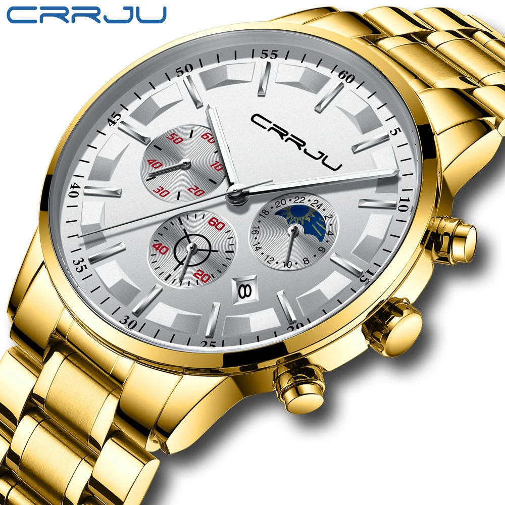 CRRJU Men Watches Quartz Steel Top Brand Luxury Fashion Calendar Watch Sports Chronograph Clock Relogio Masculino