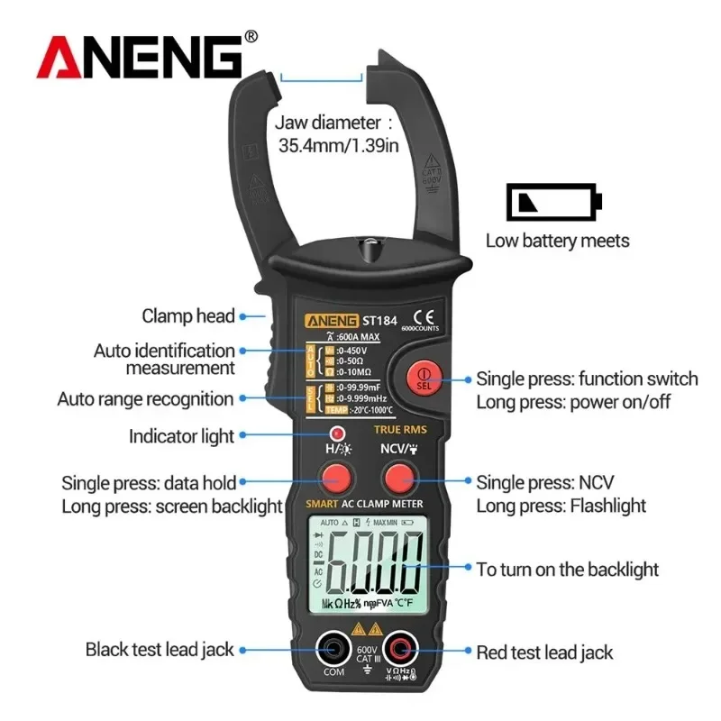 

ANENG ST184 6000 Counts True RMS Digital Clamp Multimeter AC/DC Voltage Current Capacitance Ohm Hz Meter