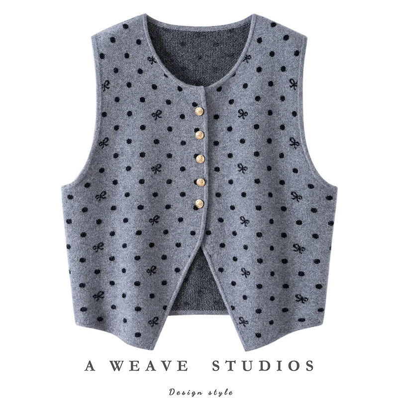 

ADDONEE женский жилет в горошек, 100% кашемировый свитер, осень-зима, кардиган без рукавов с круглым вырезом, кашемировый трикотаж в консервативном стиле