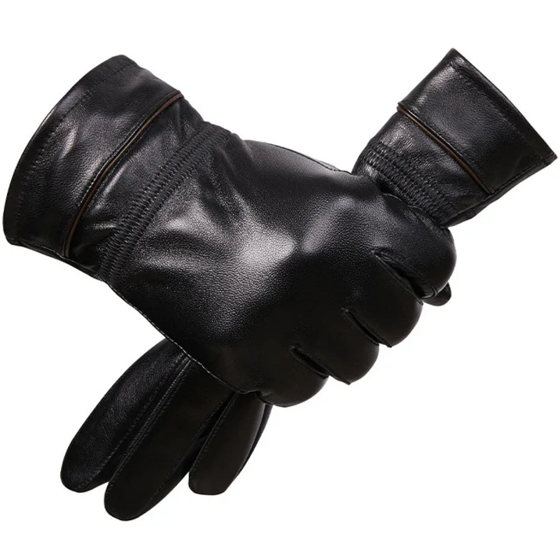 

New Men's Genuine Leather Glove Plush Lining Thickened Warmth Windproof Sheepskin Gloves for Driving Riding Protection