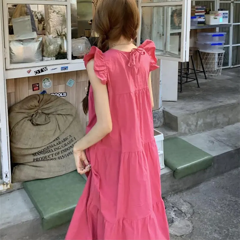 Female Clothing Sweet Flying Sleeve Midi Dress Solid Color Loose Summer Fashion Patchwork Folds Korean A-Line O-Neck Dresses New