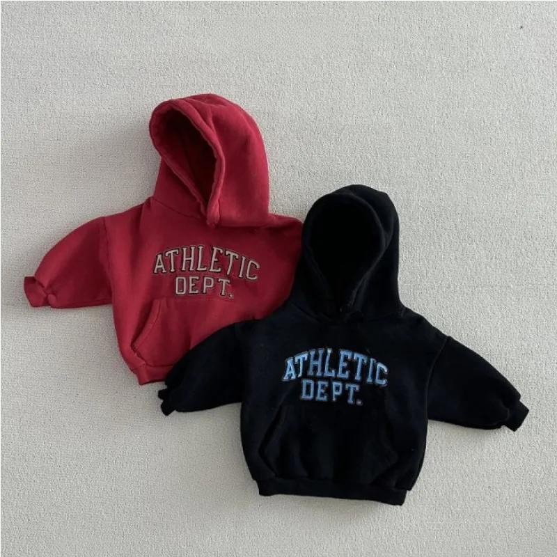 2025 Winter New Kids Hoodie Plus Velvet Thick Girls Boys Letters Hooded Sweatshirt Baby Warm Fleece Tops Kids Casual Clothes