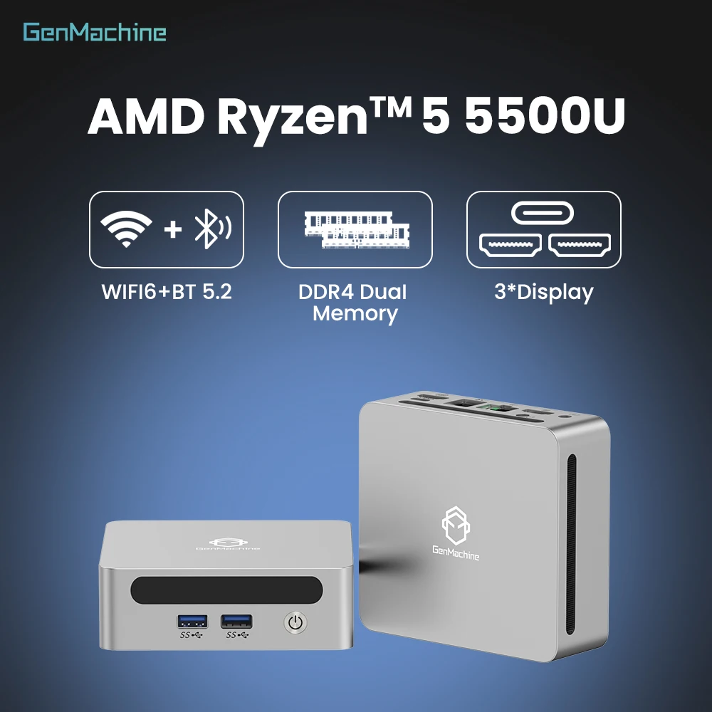 Genmachine AMD Ryzen 5 5500U Mini PC - 6C/12T Efficient Performance, 15W TDP, Radeon Graphics, 4K@60Hz, WiFi6, Ultra-Slim