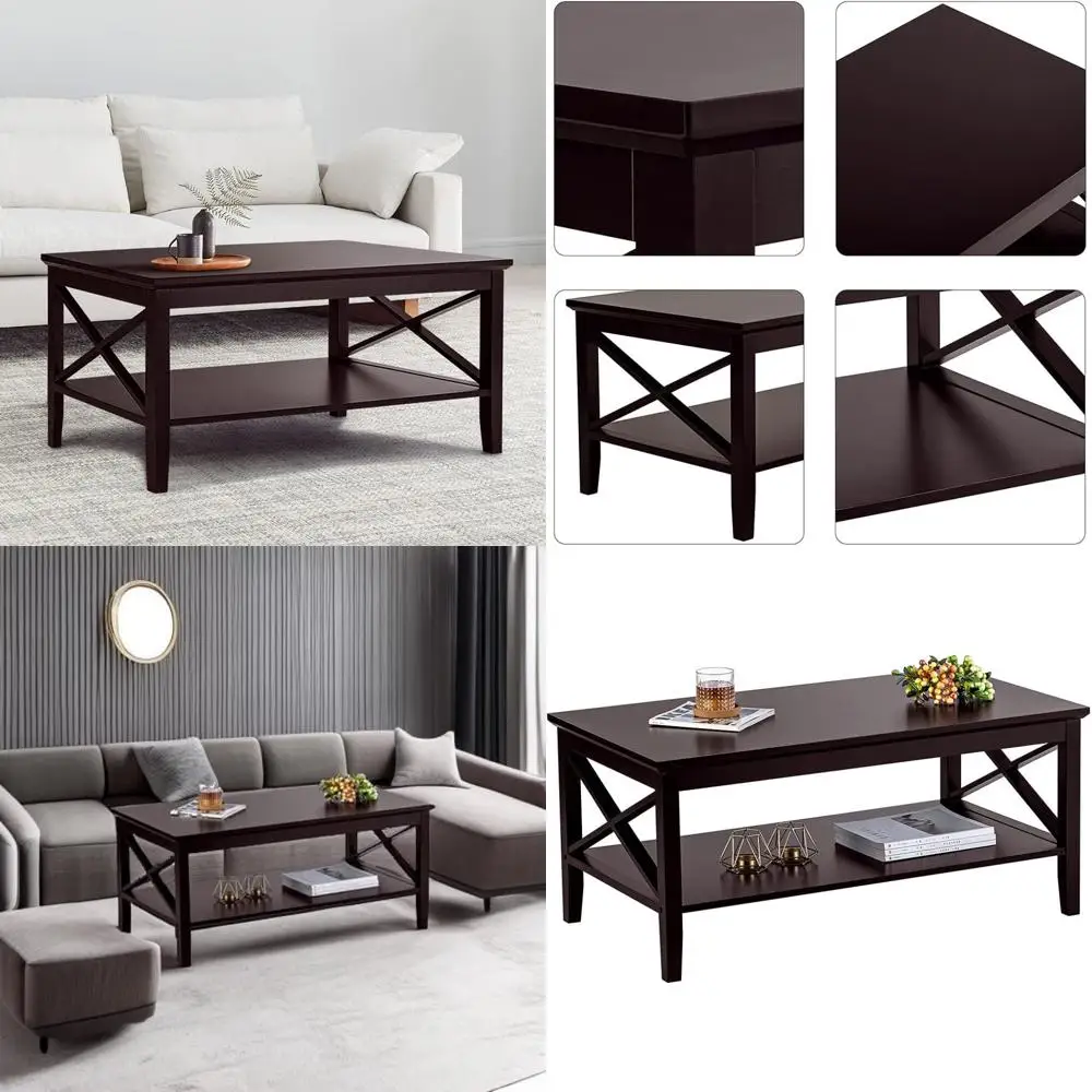 Mesa de centro de almacenamiento de madera Espresso con patas más gruesas para sala de estar, 40 pulgadas de ancho, Ideal para decoración del hogar con estilo