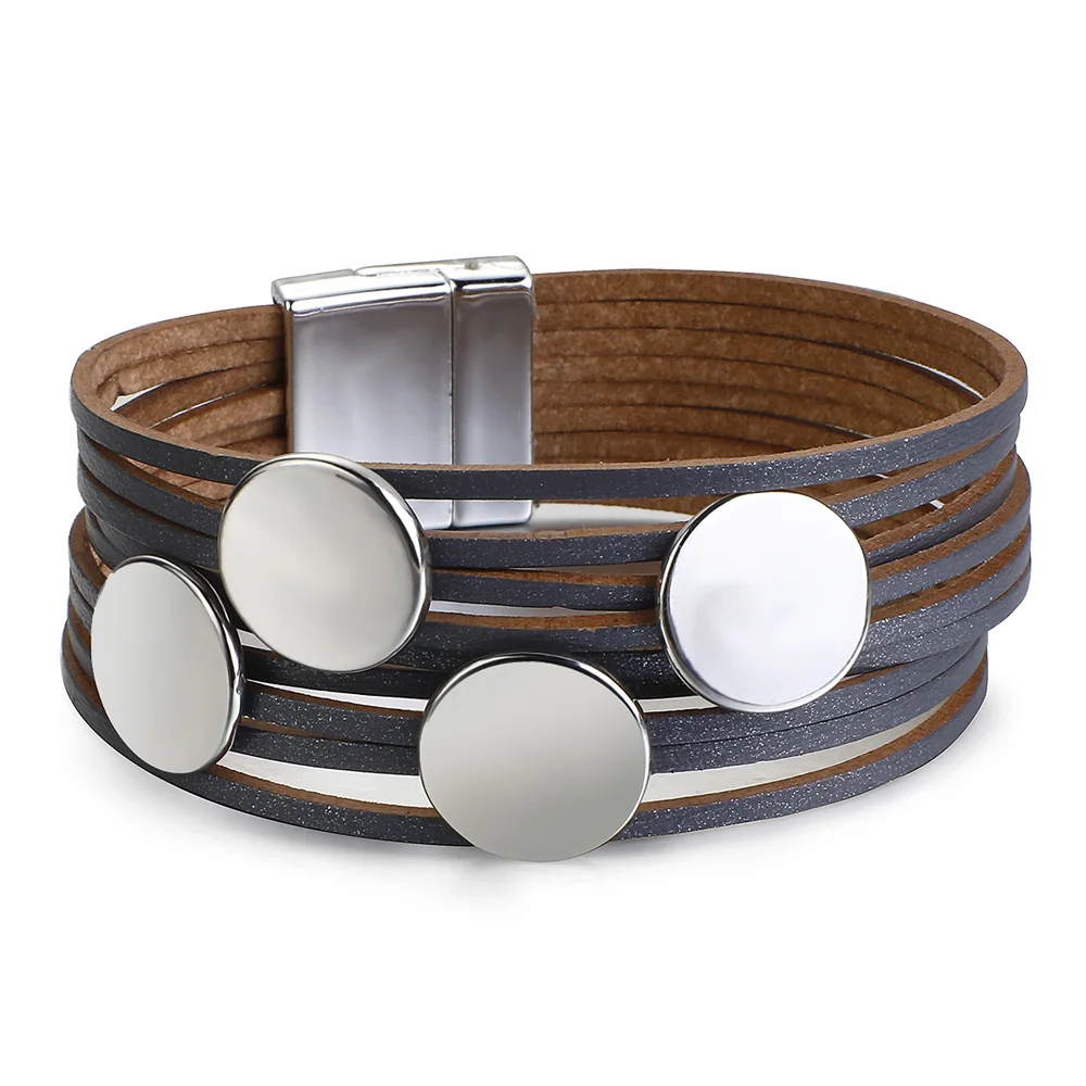 ALLYES Fashion Silver Color Round Sequins Wrap Bracelet for Women Men Simple Slim Strips Leather Bracelet & Bangle Charm Jewelry
