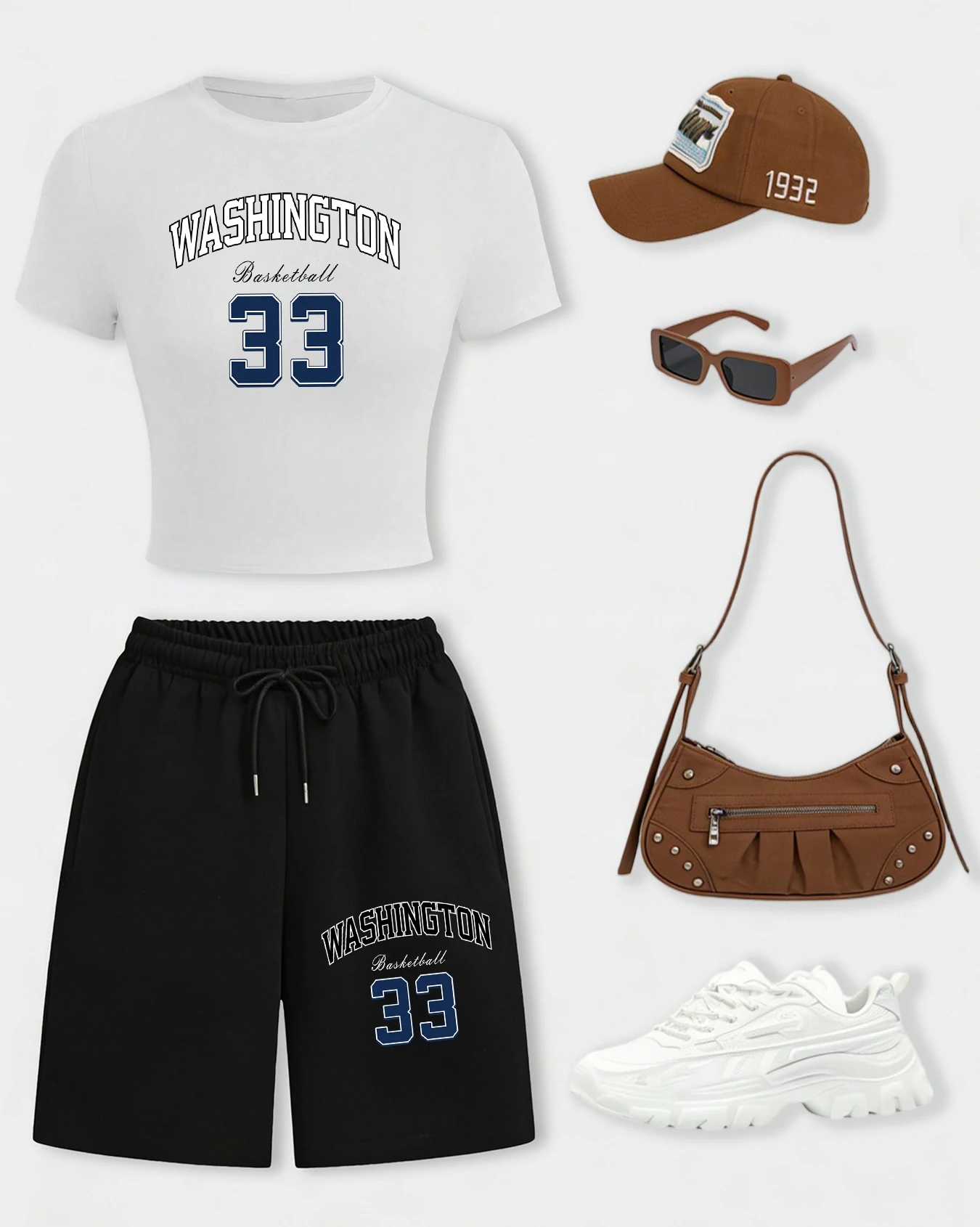 

Женский комплект футболок с принтом «Вашингтон Баскетбол №33», хлопковая укороченная футболка с круглым вырезом, широкие летние шорты, брюки для фитнеса с карманами
