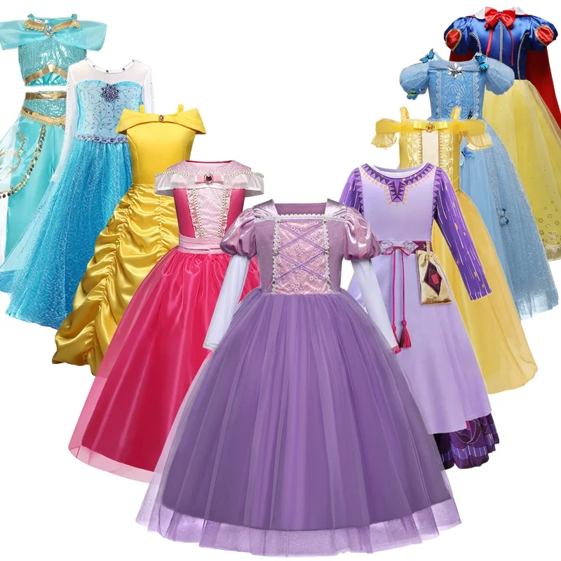 Girls Snow White Cinderella Rapunzel Elsa Bella Costume Children Halloween Christmas Carnival Princess Dress Evening Prom Gown