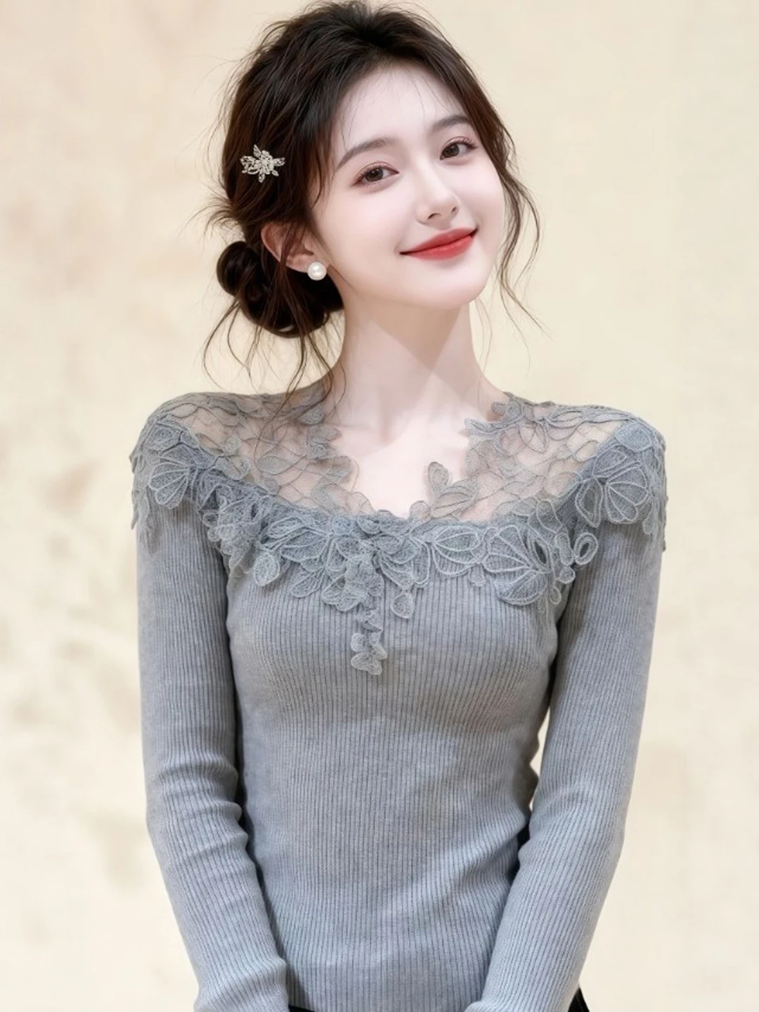 

Retro Gentle Sle Lace Splicing Slimming T-irt Spring 2026 Long Sve V-Ne Cotton Casual Faionable Top for Women