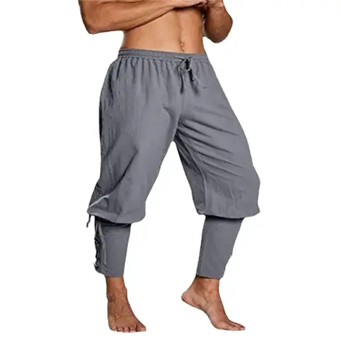 Cotton Linen Long Pants Men Medieval Viking Pirate Costume Lace Up Bandage Drawstring Loose Casual Trousers Baggy For Adult