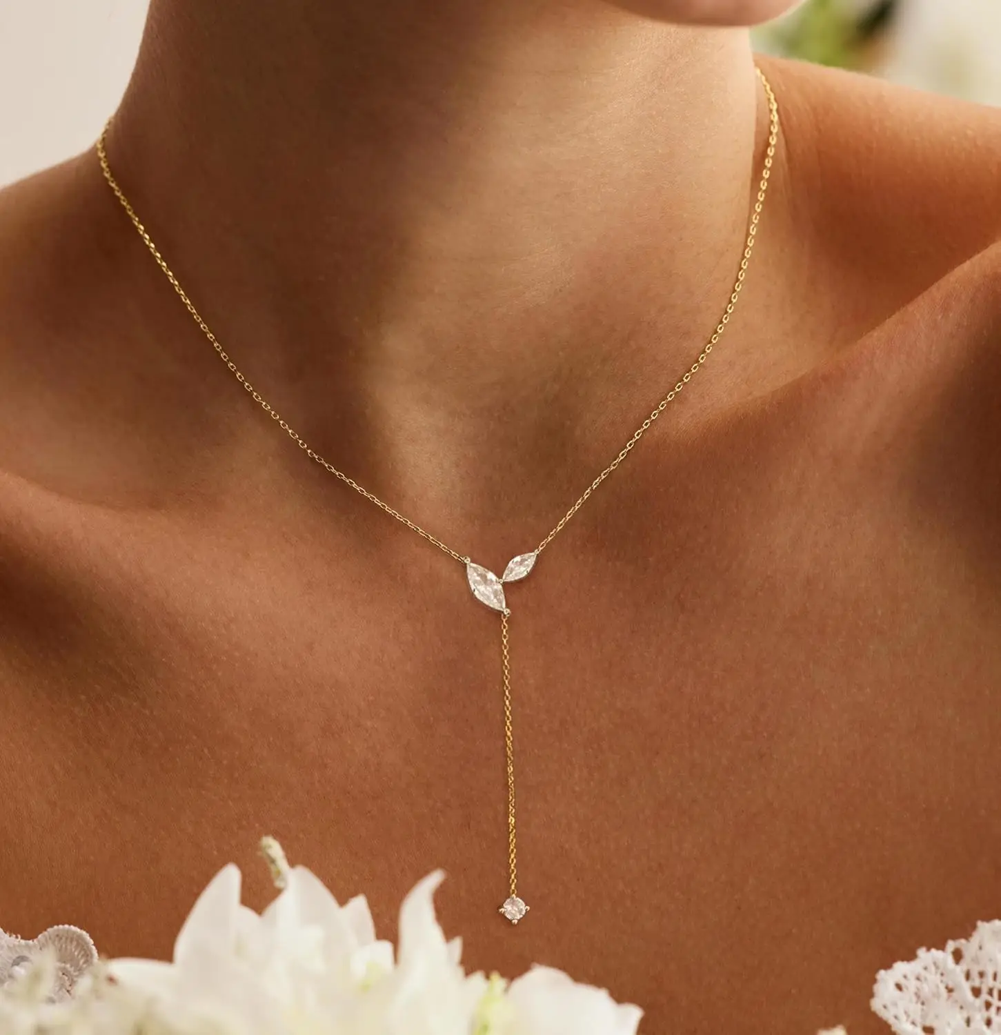 Long Gold Necklace for Women - Dainty Lariat Necklace 14K Gold CZ Y Shaped Teardrop Necklaces Prom Formal Summer Beach Jewelry