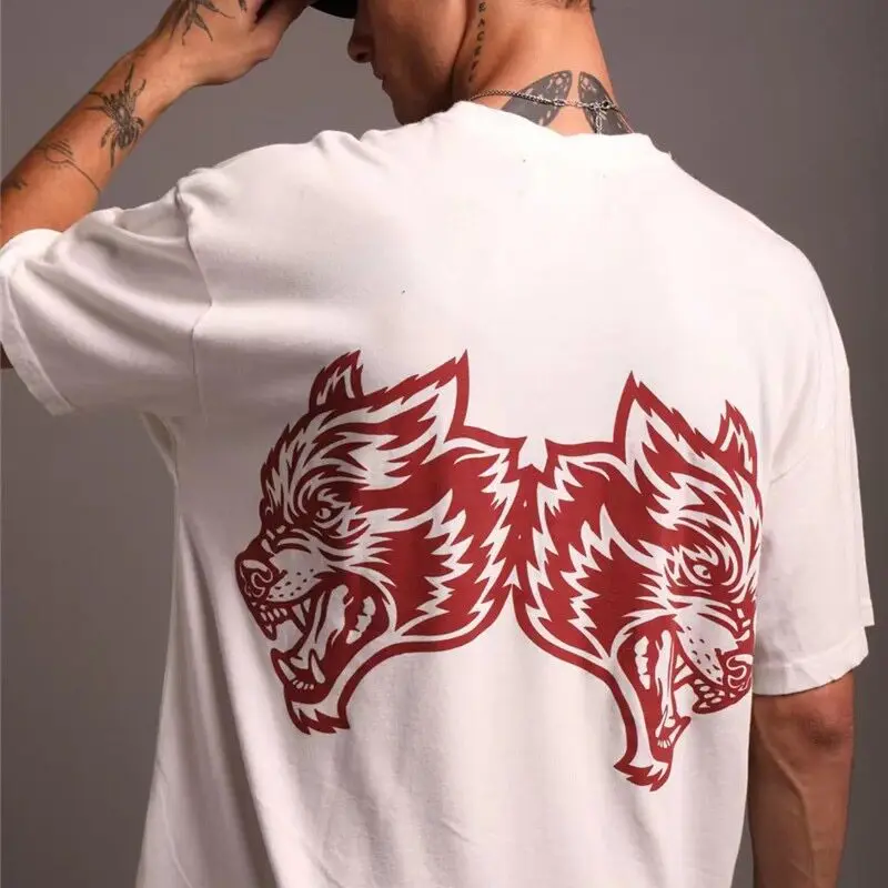 2026 Heavyweight American Classic Double-lion-head Cotton Loose-fitting Fitness Short-sleeved T-shirt with Round Neckline