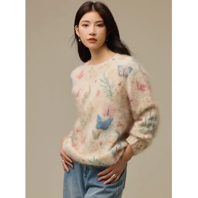 Watercolor Butterfly Floral Print Sweater Wool Cashmere Silk Blend Seamless Thick Knit Pullover Round Neck Loose Knitwear