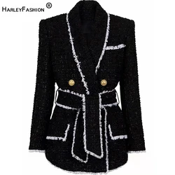 New Winter Shawl Collor Elegant Warm Thick Fabric Woven Tweed Casual Women Bodycon Jacket Quality Blazer with Belt