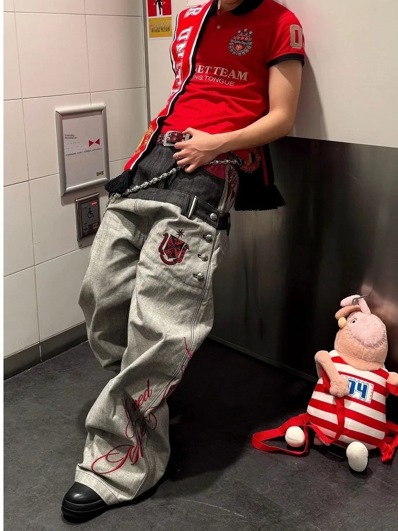 American Retro   Double Waist Head Patchwork Jeans Loose Wide Leg Knife Long Pants for Men And Women Street Style
