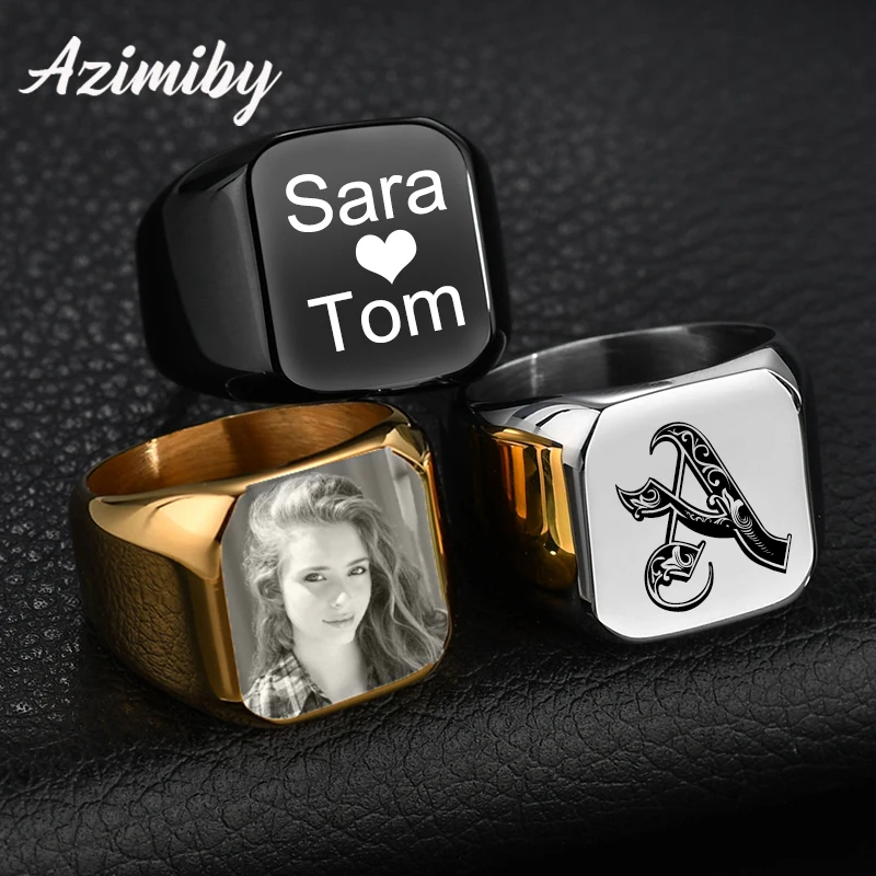 Azimiby Customized Photo Engrave Rings Big Square Width Band Women Men Love Ring Personalized Name Rings Birthday  Jewelry Gifts