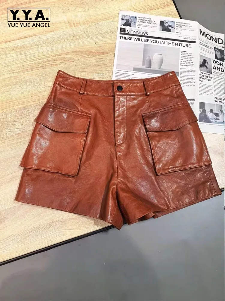 Womens Fashion Autumn Real Sheepskin Oil Wax Shorts Pocket Office Lady Above Knee Length Genuine Leather Short Trousers Hot Sale