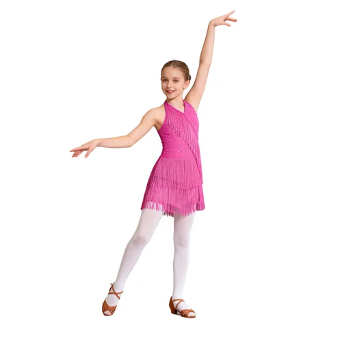 Imagen 2 del producto Disfraz de baile latino Cha-cha Samba Salsa para niñas, vestido de leotardo con flecos y diamantes de imitación, mono sin mangas con tiras en la espalda y borlas
