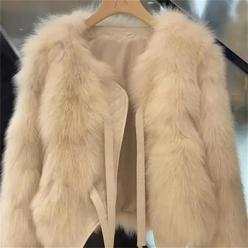 Ladies Lace Up Long Sleeves Imitation Fox Fur Jacket 2024 Female Faux Fur Tops Coat  Autumn Winter Women Fashion Plush Overcoat