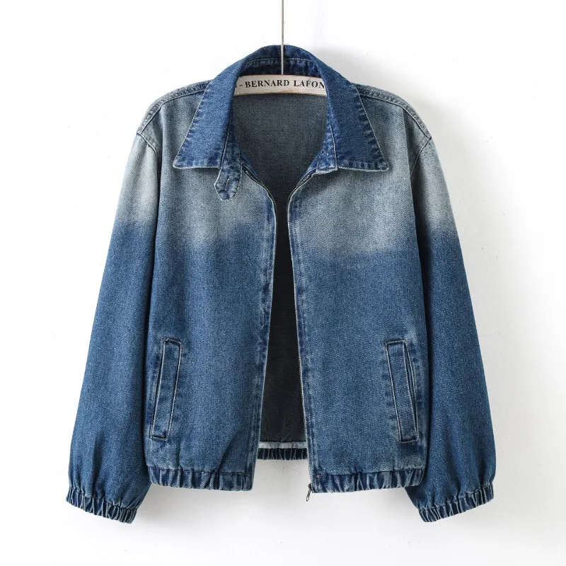 Gradient Washed Denim Coat Women  Lapel Collar Full Zip Front Elastic Cuffs Figure‑Flattering Youthful Casual Outerwear Jacket