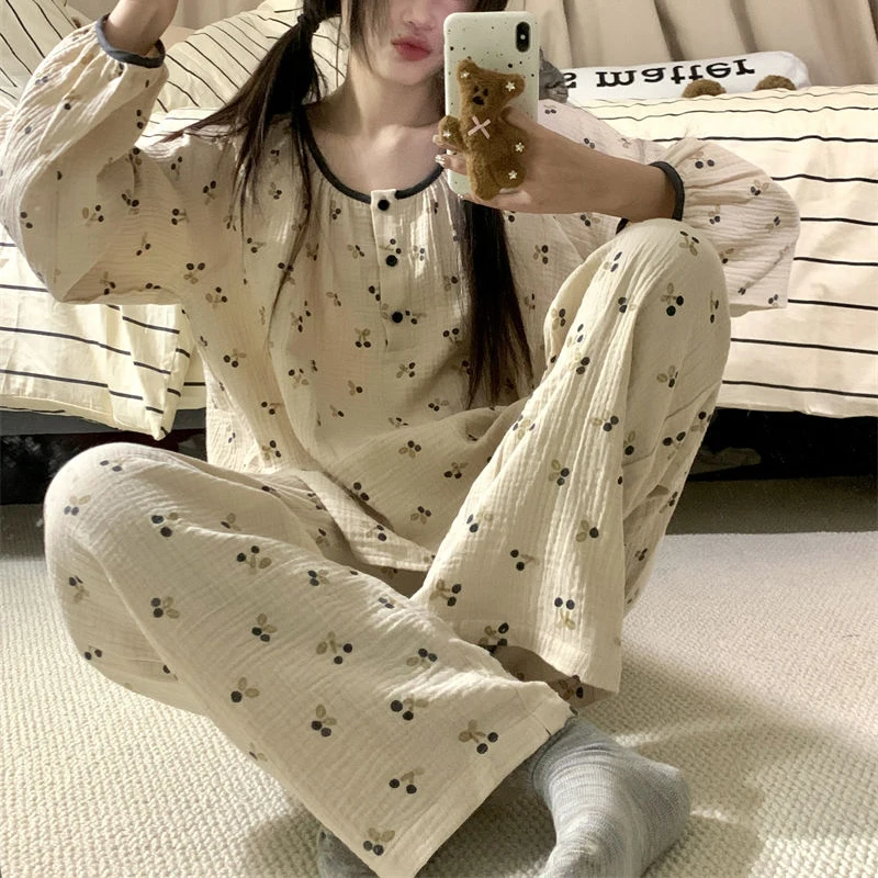 Cherry Sleepwear Button Women Pajamas Set Autumn Piiama Korean Fashion Long Sleeve Sets 2 Pieces Night Wears Casual Home Wear